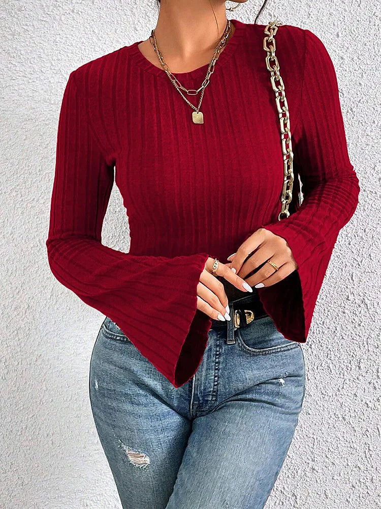 Dames Geribbelde Croptop met Wijduitlopende Mouwen