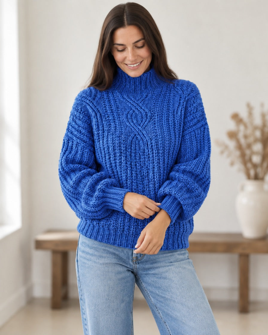 Damestrui gebreid met hoge hals en lange mouwen blauw
