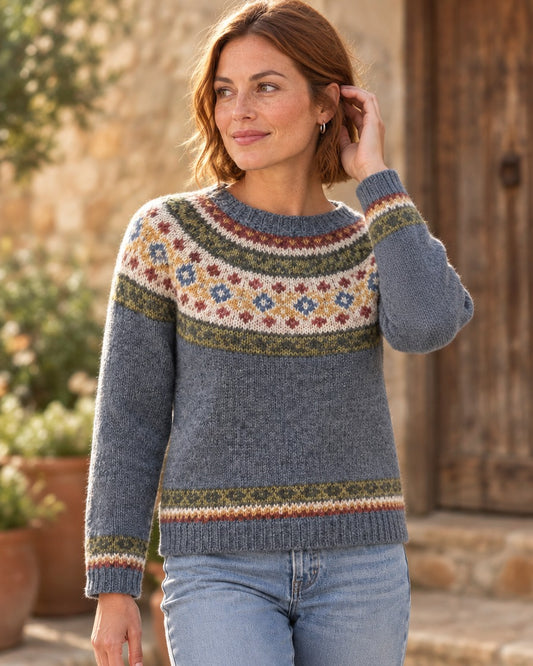 Dames skitrui met fair isle motief en ronde hals grijs