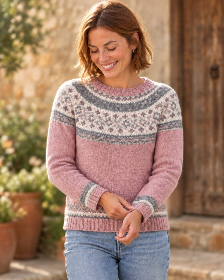 Dames skitrui met fair isle motief en ronde hals roze