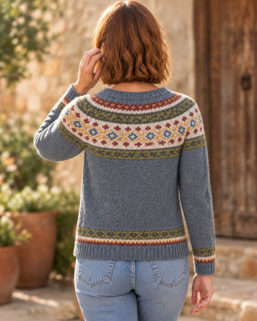 Dames skitrui met fair isle motief en ronde hals achterkant